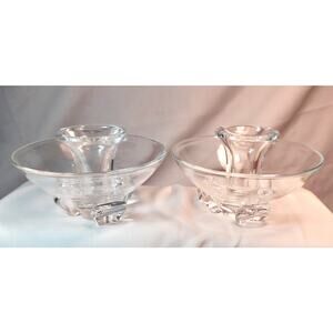 Pair of Steuben Clear Crystal Candleholders Mid-Century Modern Elegant Heavy